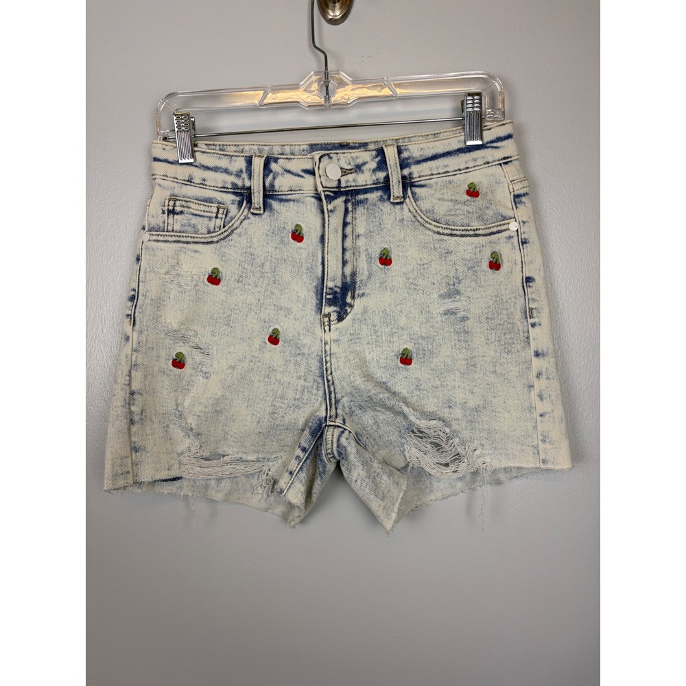 Judy Blue Cherry Embroidered Acid Wash Distressed Denim Shorts High Rise Medium